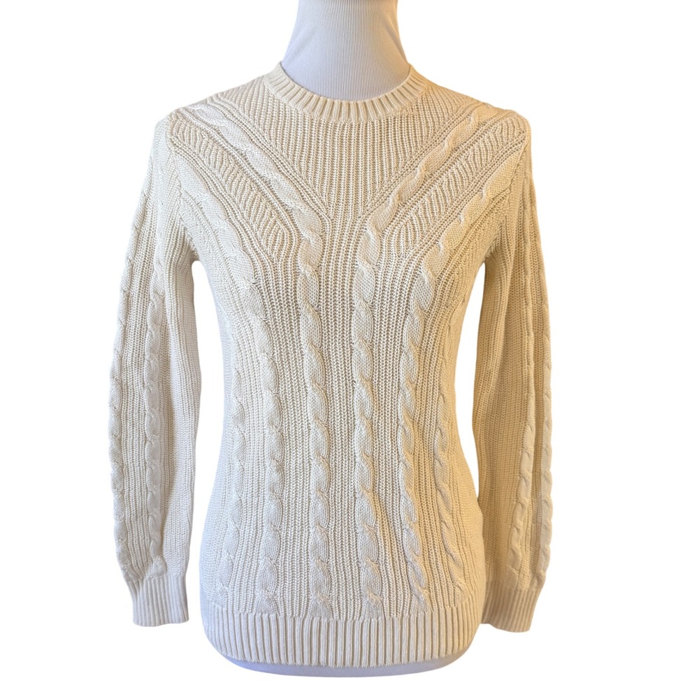 Lauren Ralph Lauren Cable Knit Sweater Women Small Ivory Cream Crew Neck Cotton